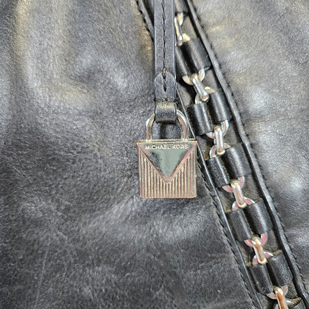 Michael Kors Black Leather Chain Trim Satchel Crossbody Bag Silver Hardware - Picture 3 of 10